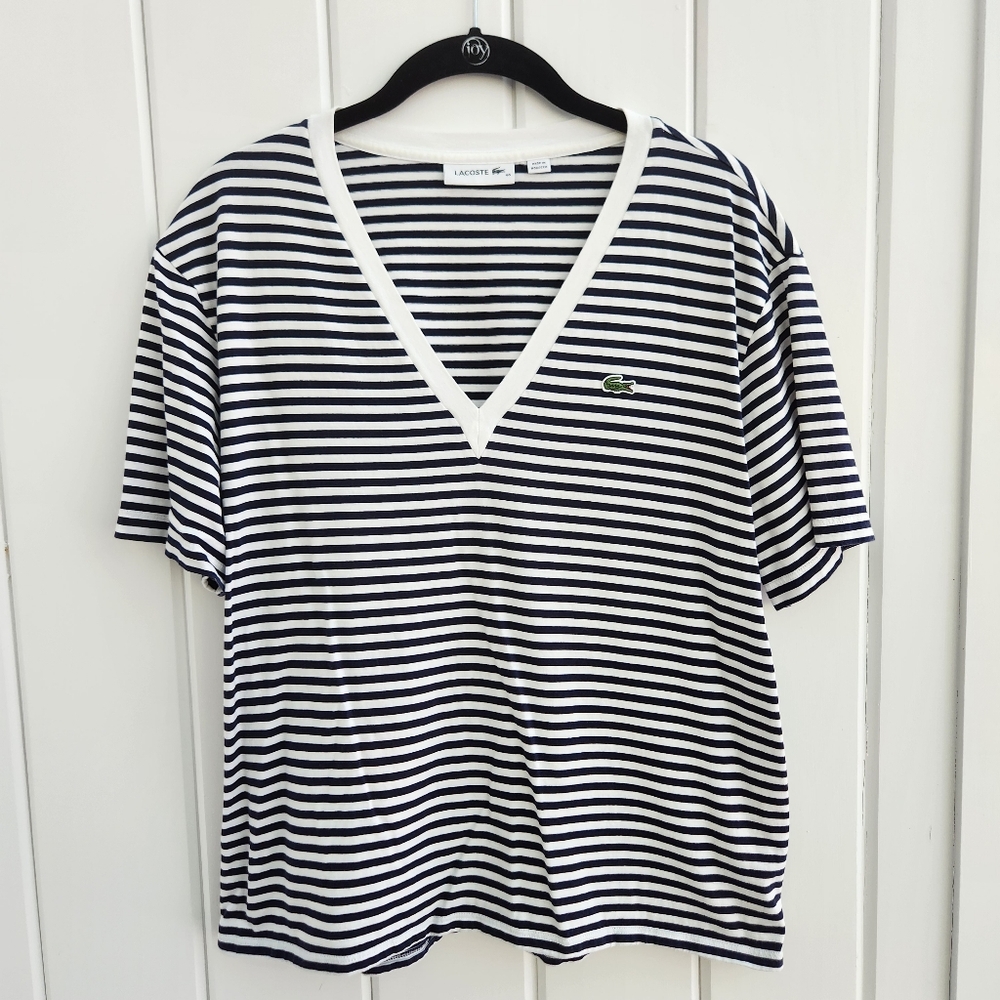 Lacoste V Neck Striped Tee Size 8
